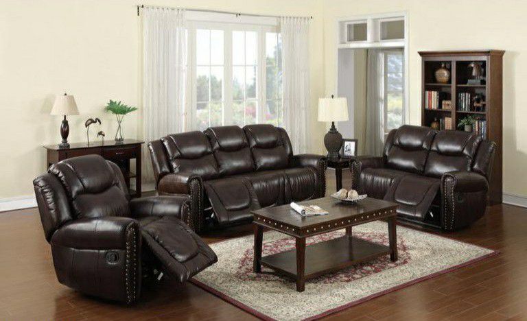 Brand New Brown Leather Reclining Sofa Loveseat & Chair With A Nail Head Trim 