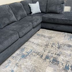 Gray Sectional Sofa Right or Left facing chaise attached back pillow piped seams Accent Pillows included 110x90