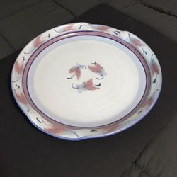 Vintage Stoneware 1992 Large Decorative 17” Wide Serving Tray w/ Red & Blue Leaves and Handles