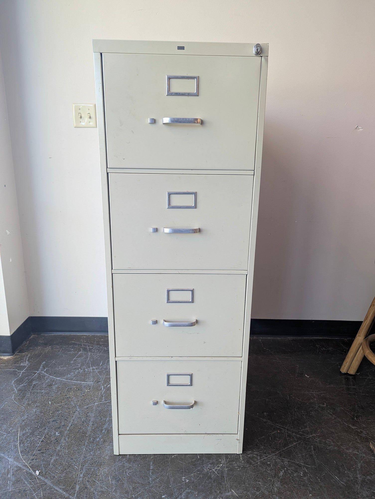 HON Four-Drawer Metal Filing Cabinet, Light Beige Office Storage