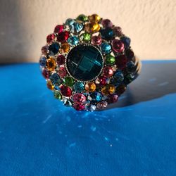 Circular Multicolor Rhinestone Cuff Statement Bracelet