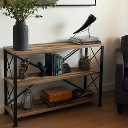 Industrial Wood and Metal Shelf Bookcase Bookshelf Console Table Reclaimed Wood