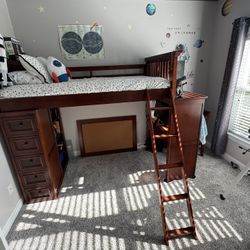 Solid Hardwood Loft Twin Bed – Cherry Finish – Dresser + Desk + Bookshelf + Chair + Mattress + Bedding