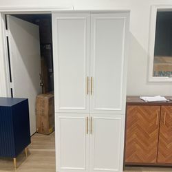 4-Door White Wardrobe Closet with Metal Rods and Storage Shelves - Contemporary Style Wardrobe Cabinet