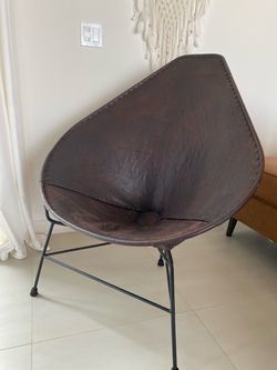 Brown Leather Bucket Chair with Iron Frame