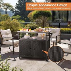 Outdoor Grill Cart with Storage, Outdoor Bar Cart with Wheels, Kitchen Island Cart with Stainless Steel Top for BBQ, Patio, Backyard