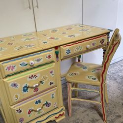 Kids Desk With A Chair Vintage,  Flower Painted