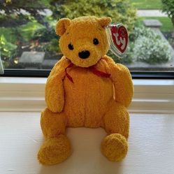 Poopsie the Yellow Bear with red ribbon Ty beanie baby 2001 7” tall mint condit 