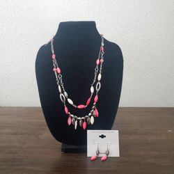NWT Christopher And Banks Women's Silver/ Pink Necklace And Earrings Set 