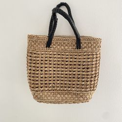 Large Black Natural Straw Woven Raffia Tote Beach Picnic Bag 