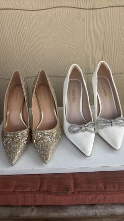 Gold rhinestone pointed heels & White flats with rhinestone bow