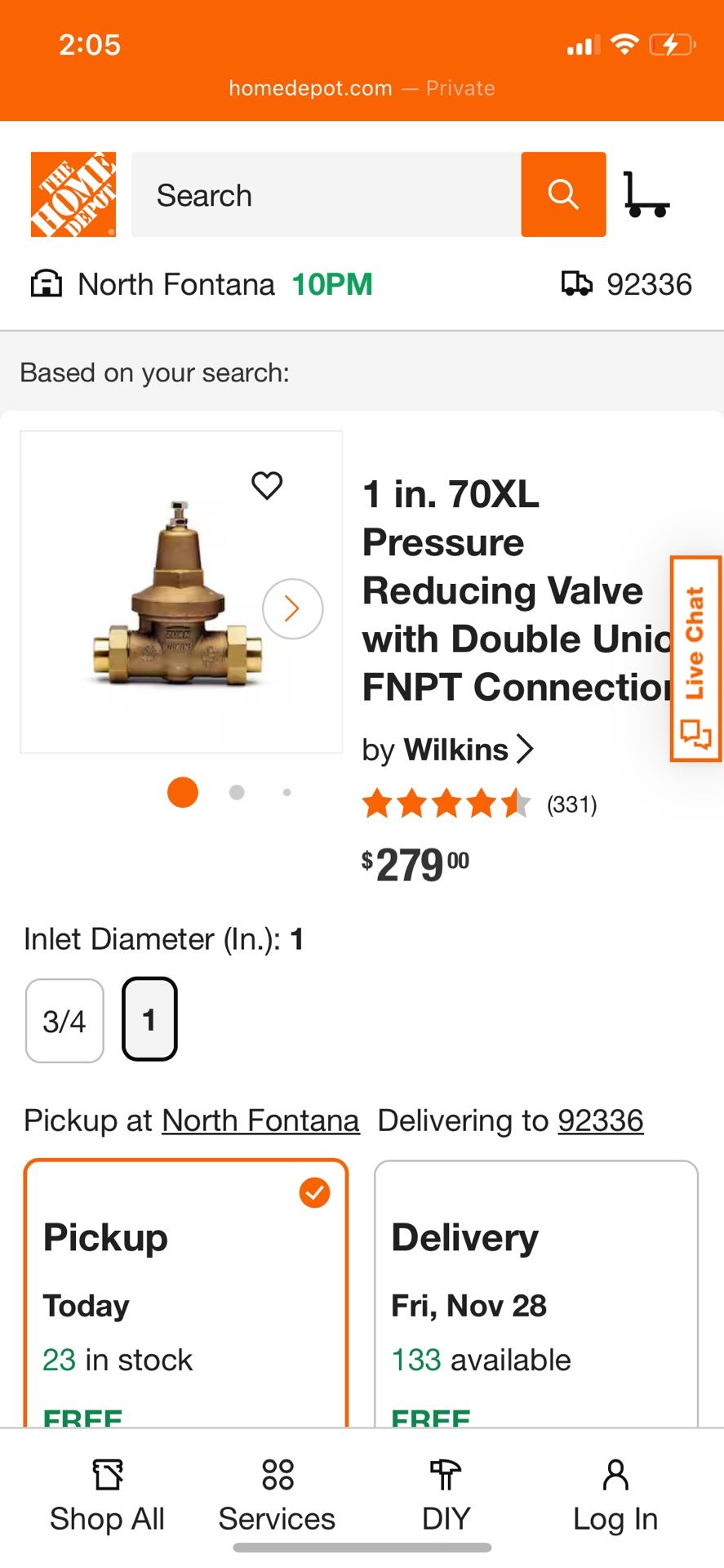 1”  in. 70XL Pressure Reducing Valve with Double Union FNPT Connection