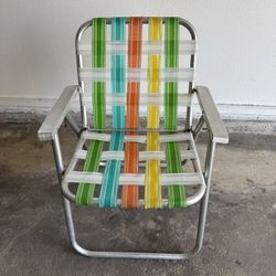 Vintage 70’s Aluminum Folding Lawn Chairs Webbed Org/Grn/Yellow 