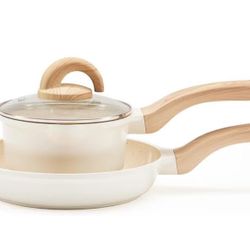 Non Stick Pots and Pans Set Ceramic Cookware Set with Granite Dot, 3pcs Kitchen Cooking Sets Frying Pan Saucepan, No PTFE, No PFAS, Bright Cream