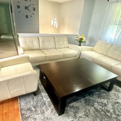 Beige Leather Sofas + Chair Set Excellent Condition 