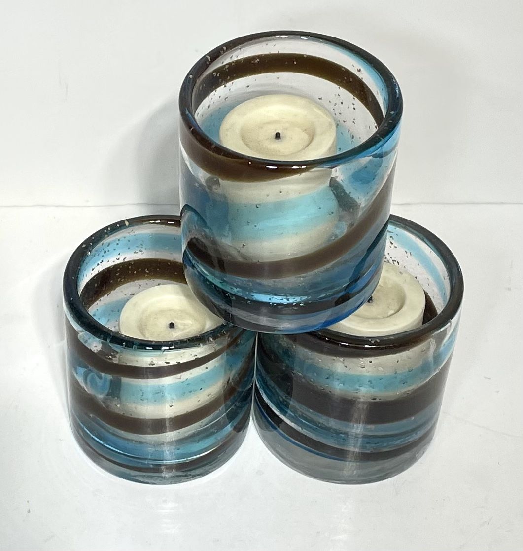 3 Artisan Glass Candle Holders w/battery Candles