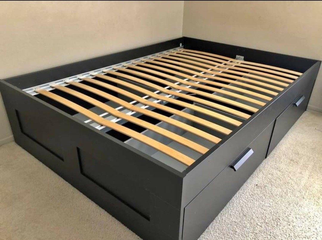 Beautiful IKEA Black FULL Sz Size Bedframe Bed Frame + 4 HUGE Under Sliding Drawers Storage + Headboard