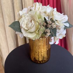 Really Pretty Silk Flowers In  A Decorative Glass Vase