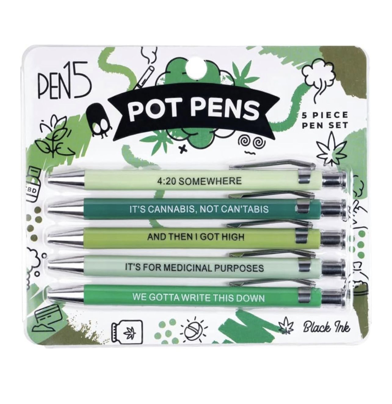 Stoner Pens 5-Piece Set - Funny Snarky Gag Gift for Coworkers | Black Ballpoint