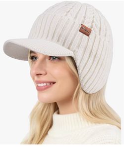 Womens Winter Hat with Brim & Ear Flaps, Fleece Beanie with Visor Brim Cable Knit Snow Cap with Ear Warmer Cover