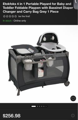 Etokfoks 4 in 1 Portable Playard for Baby and Toddler Foldable Playpen with Bassinet Diaper Changer and Carry Bag Grey 1 Piece