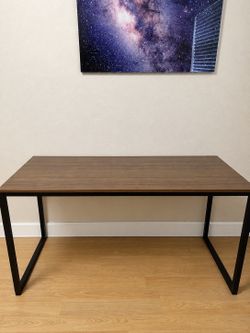 Modern Light Brown Wood Desk with Black Metal Frame