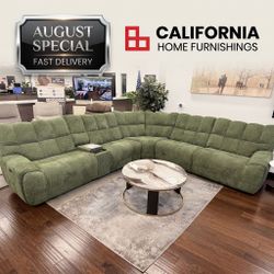 Jade Green Chenille Power Motion Sectional with Cupholders