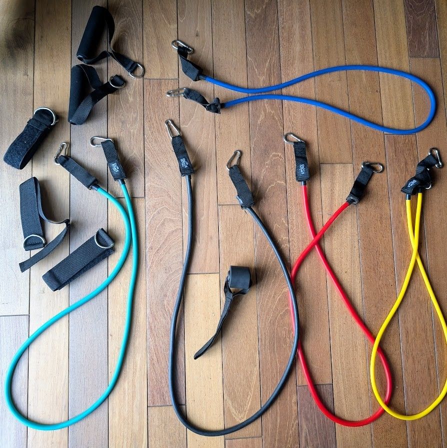 ($2 to $4 each) workout resistance bands tubes, door anchor strap, velcro ankle cuffs, handles