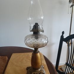 Antique Oil Lamp Reverse  Chalet Glass Stem Cast Iron Base