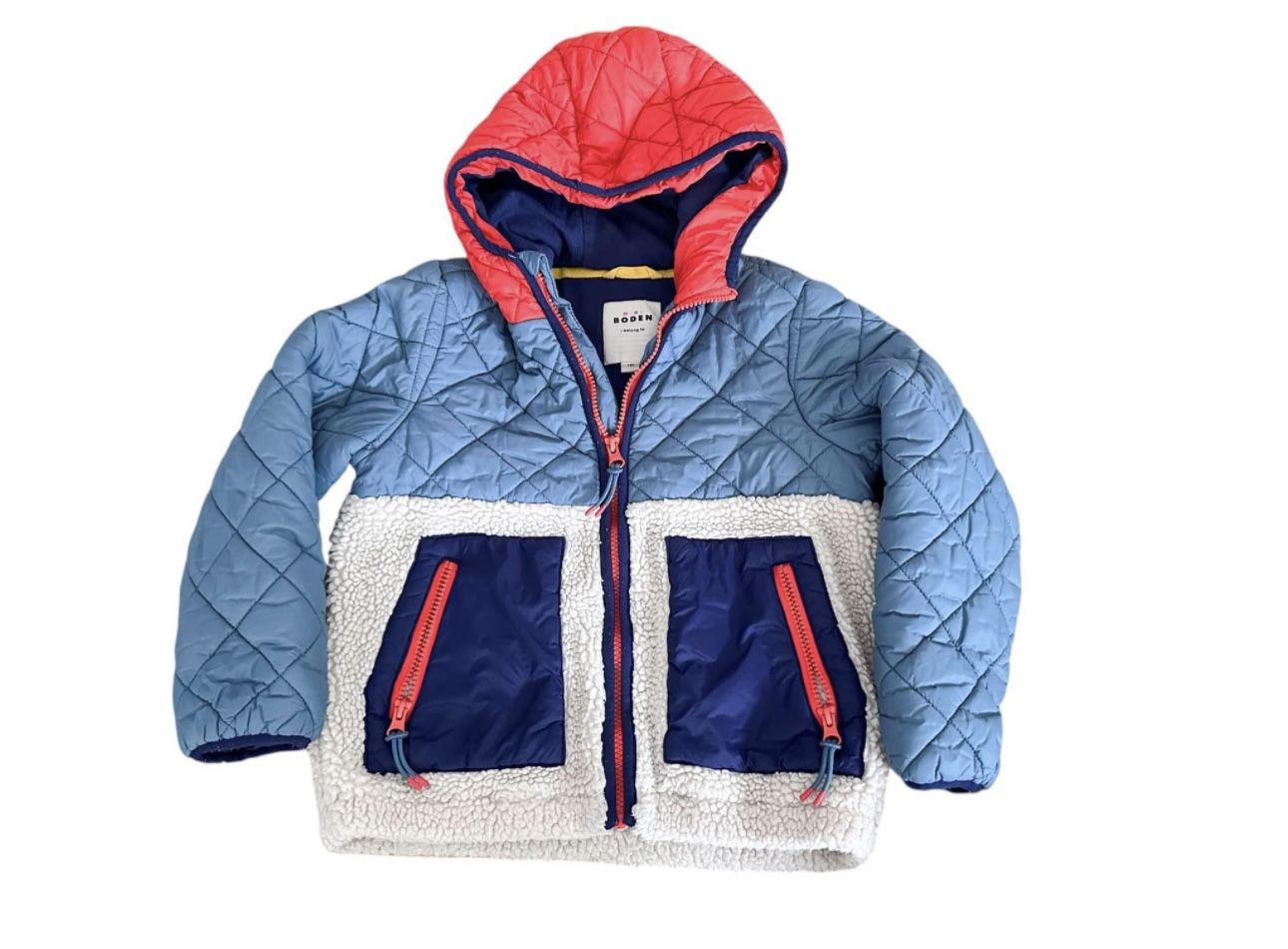 Mini Boden Boys 6 7 S Small Jacket Coat Fall Winter Color Block Sherpa Zip Up Hood