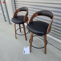 Bar Stools Set of 2, 26" Swivel Counter Height Bar Stools with Bentwood Legs and Back, Mid Century Modern Faux Leather Upholstered Counter Stools for 