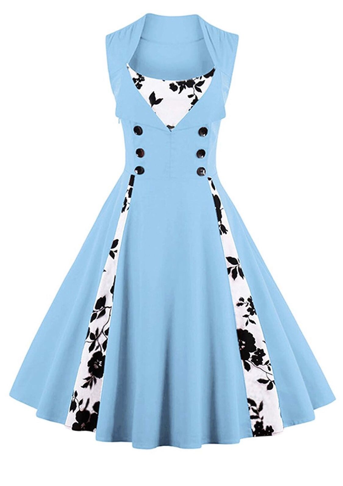 Blue black and white floral women’s vintage 1950s swing cocktail dress