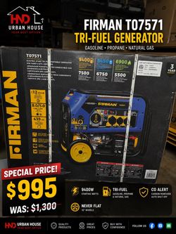 Firman T07571 Tri-Fuel Portable Generator – 9400 Starting Watts / Electric Start – NEW