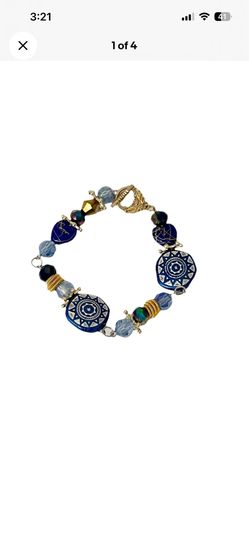 Handmade Boho Cobalt Blue Gold Fall Winter Inspired Beaded Toggle Bracelet