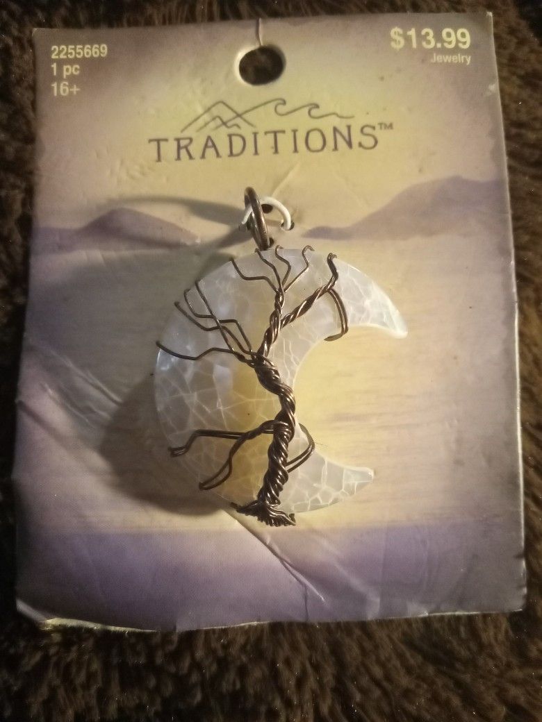 Pearlescent Wire-Wrap Tree on Moon Pendant