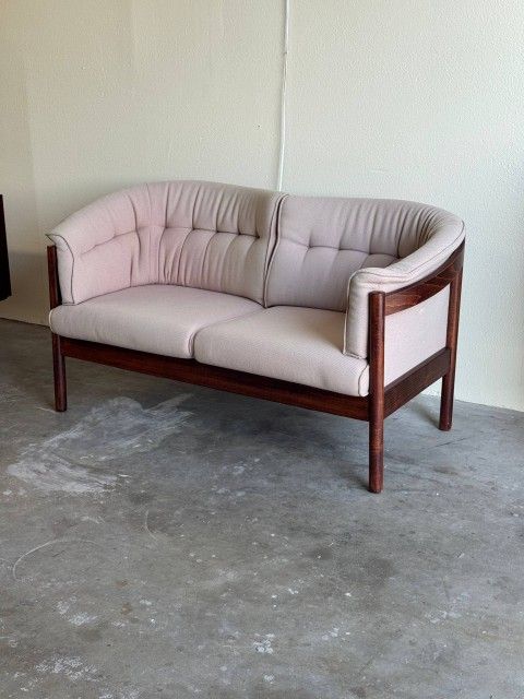 Rare Danish Curved Sofa by Nielaus Møbler 1960s — Sculpted Wooden Frame MCM Loveseat
