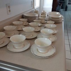 1930's Adam Antiques By Steubenville Dishes.  Ivory With Gold Trim Dinner Set