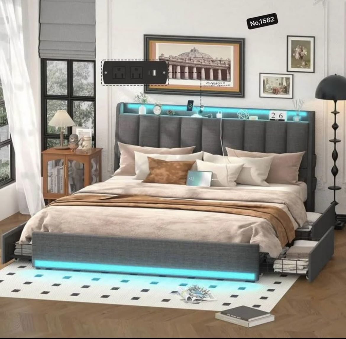 Queen Size Bed Frame with 4 Storage Drawers,Charging Station,Adjustable RGB LED Light,Upholstered Headboard with hidden storage,Heavy duty Slat Suppor