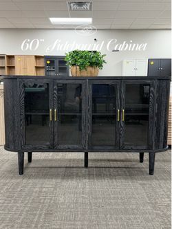 60”Farmhouse Sideboard Cabinet with Glass Doors, Wooden Buffet Cabinet with Adjustable Shelves, Storage Console for Kitchen, Dining Room, Living Room,