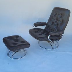 Vintage Mid Century Modern 1960's Ekornes Made in Norway Real Leather Stressless Reclining Lounge Chair with Ottoman  