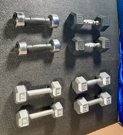 Set of Hex Cast Iron Dumbbells ( light) 12#, 10#, 8# and 5 #   In total: 70 pounds.