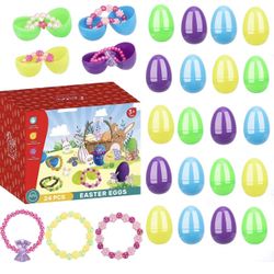  Fillable Plastic Easter Eggs Prefilled with Colorful Beaded Bracelets,Surprise Eggs Bulk,Basket Stuffers for Party Favor Easter Hunt Games,Classroom 