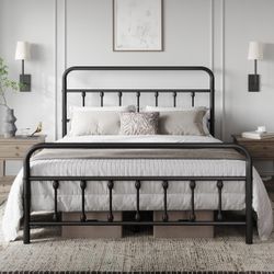 Classic Metal Platform Bed Frame Mattress Foundation with Victorian Style Iron-Art Headboard/Footboard/Under Bed Storage/No Box Spring Needed/Queen Si