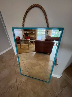 POTTERY BARN KENSINGTON MIRROR BEAUTIFULLY POWER COATED TURQUOISE WITH NAUTICAL ROPE HANGER