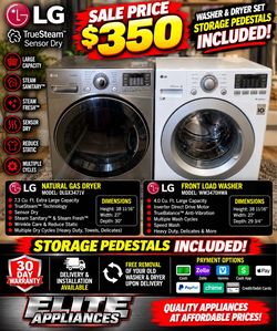LG FRONT LOAD WASHER & GAS DRYER SET – STORAGE PEDESTALS INCLUDED