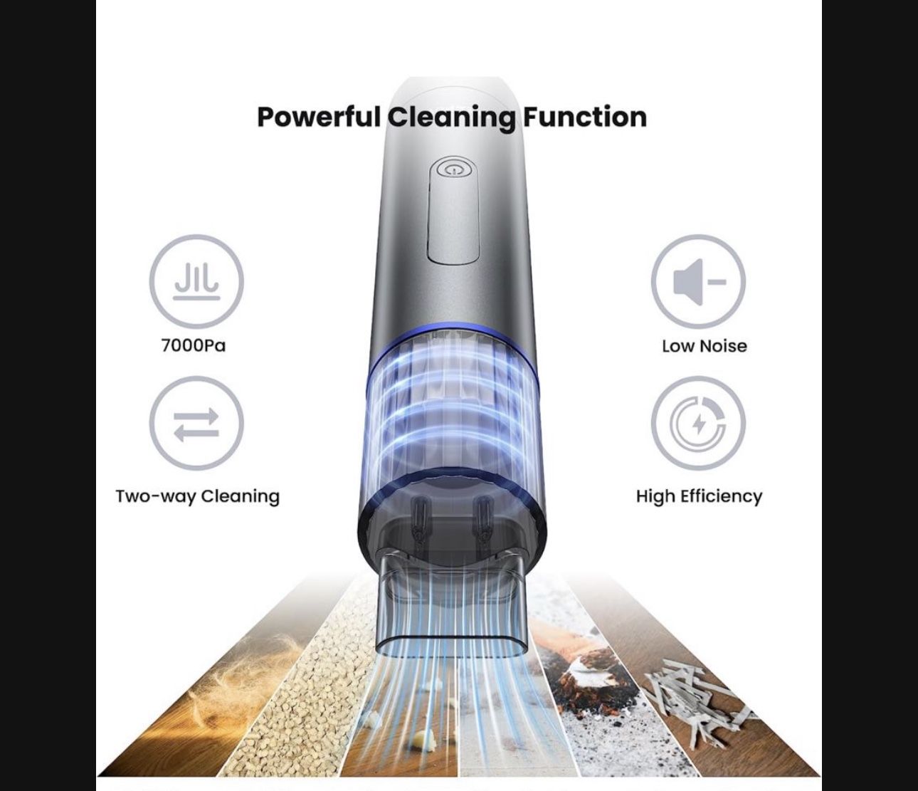 Car Handheld Cordless Vacuum, Portable Cleaner with 7000PA, Mini Household Vacuum with 7500 mAh Battery, 1.58Lbs Compact Electric Hand Vacuum with 3 N
