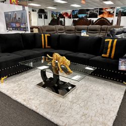 Gorgeous Modern L Shaped Black Velvet Sectional W/ Gold Hardware Now 50% Off 