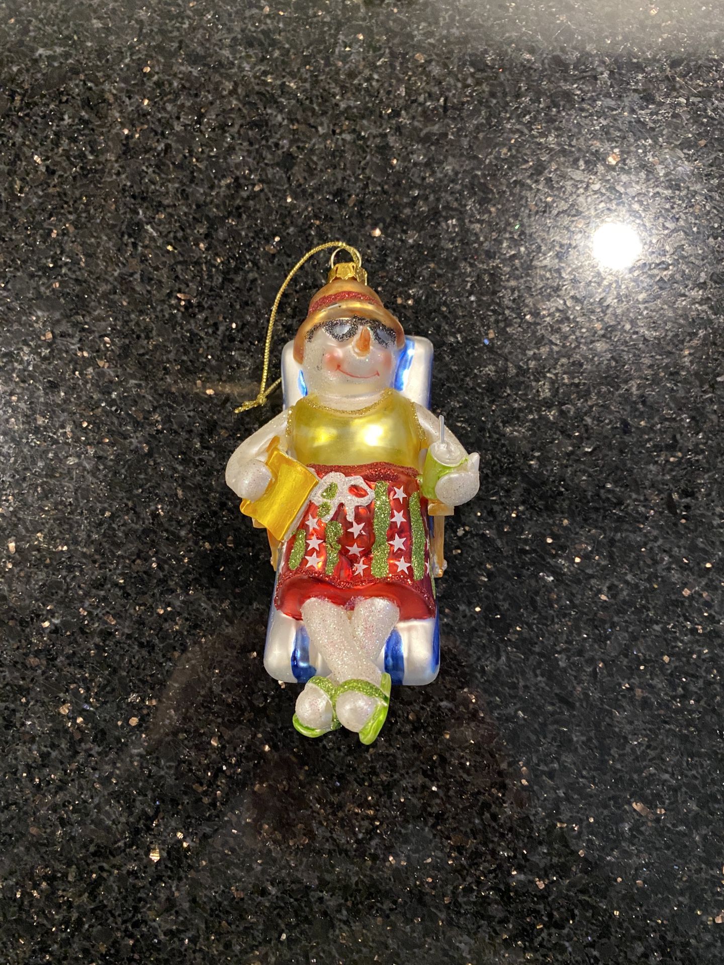Sun Bathing Snowman Reclining in Beach Chair Blown Glass Christmas 5” Ornament