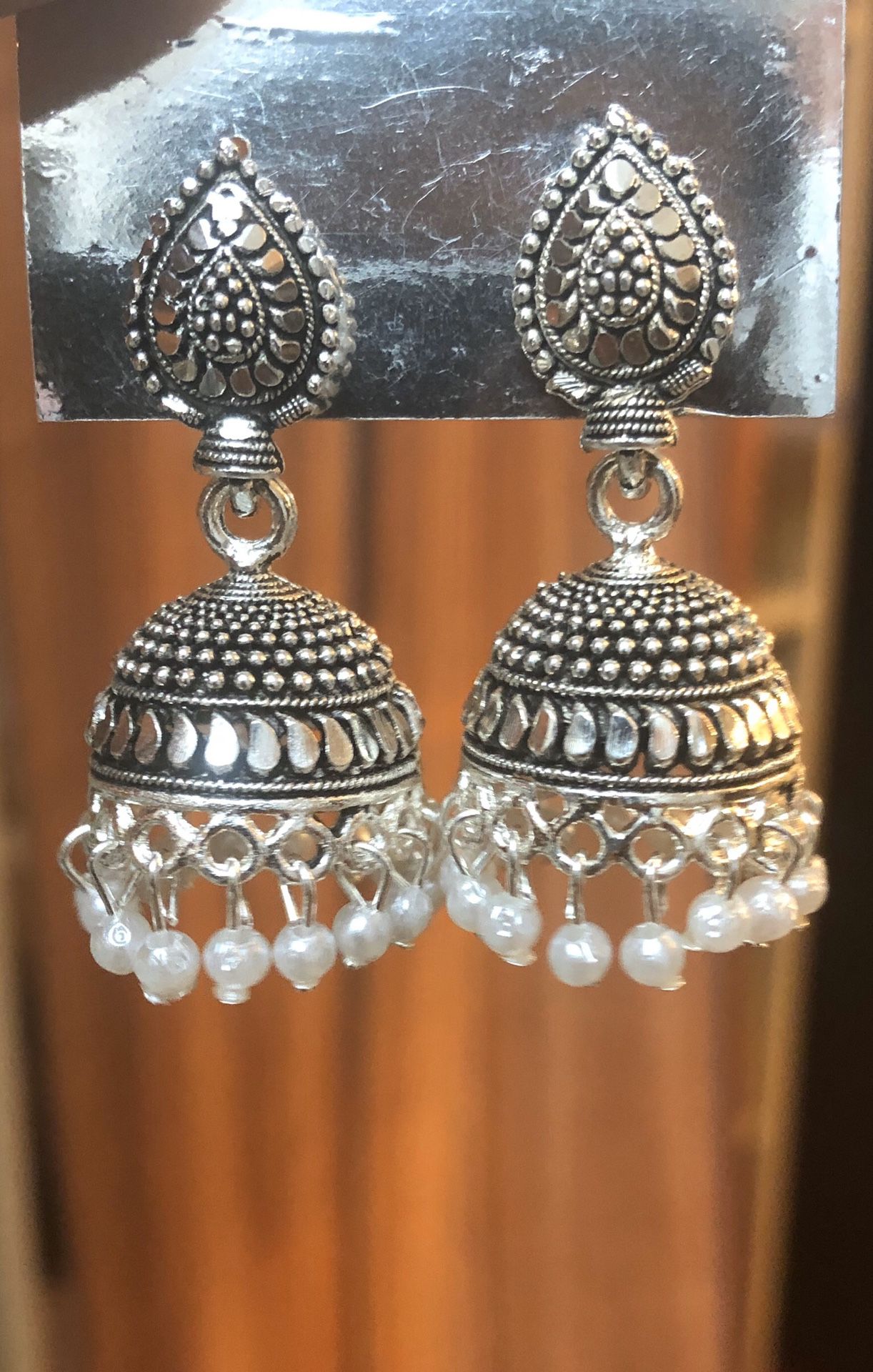New Ethnic Indian traditional silver tone jhumki earrings with faux pearls