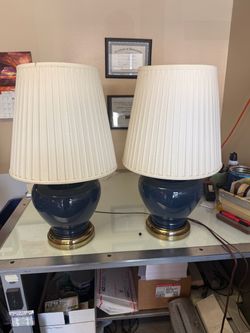 Pair of Ginger Jar Ceramic Lamps w/Pleated Shades